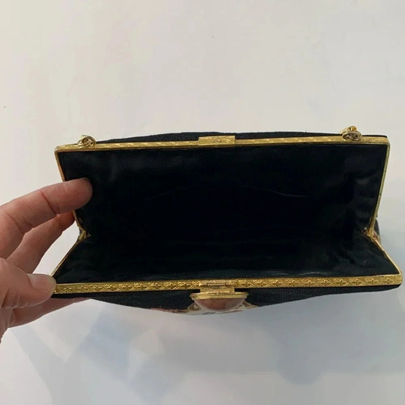 Vintage Floral Petit Point Rose Quartz Gold Filigree Embroidered Black Handbag - Picture 8 of 16